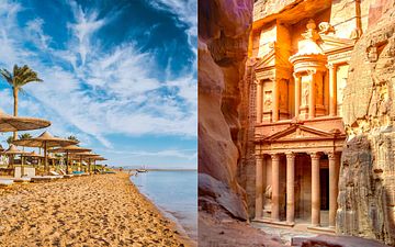 Röda havet bjuder in till härliga bad. Världsarvet Petra, ett exempel av de många fantastiska platser som finns att besöka i Jordanien. (Montage, bägge bilderna är från Adobe stock)