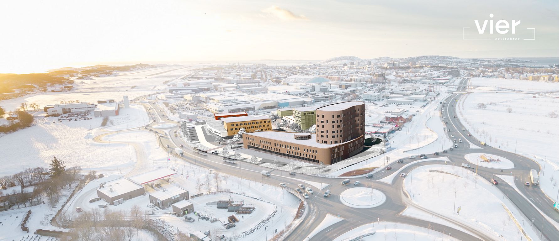 Bodø Byport: Nordvik Eiendom ønsker å forme et nytt knutepunkt for byens hovedinnfartsåre. Illustrasjon: Gnist /Vier arkitekturer og Nordvik Eiendom.