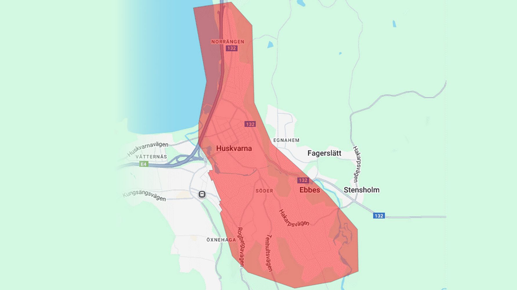 En karta över Huskvarna som visar det område som kommer vara utan fjärrvärme natten mellan onsdag och torsdag vecka 38. 