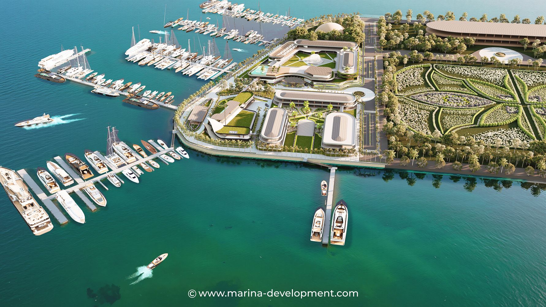Aerial render of Bali Benoa Marina with yacht layout