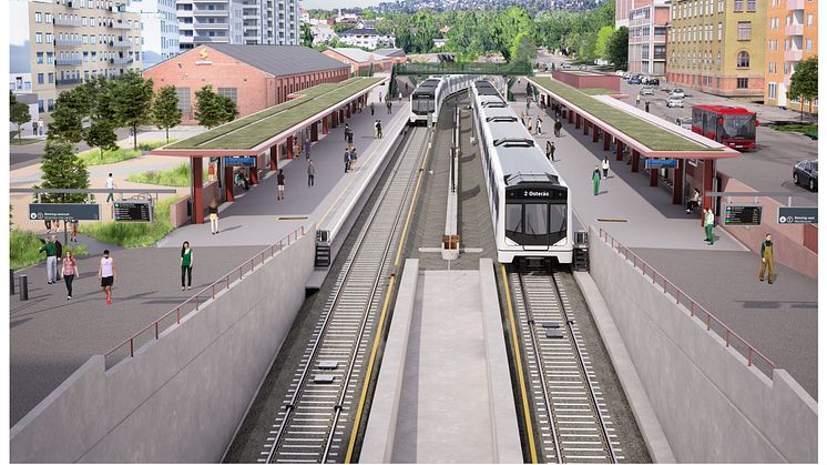 Oppgradert Majorstuen Stasjon: Spor og plattform rettes ut, og stasjonsområdet får flere adkomster fra Slemdalsveien og Sørkedalsveien. Illustrasjon: Team Major