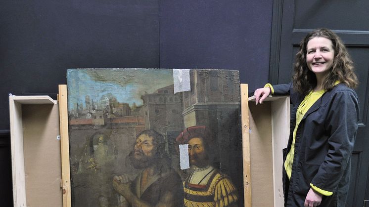 Nicky Grimaldi pictured with The Bowes Museum panel painting 2 (photo credit Northumbria University).jpg