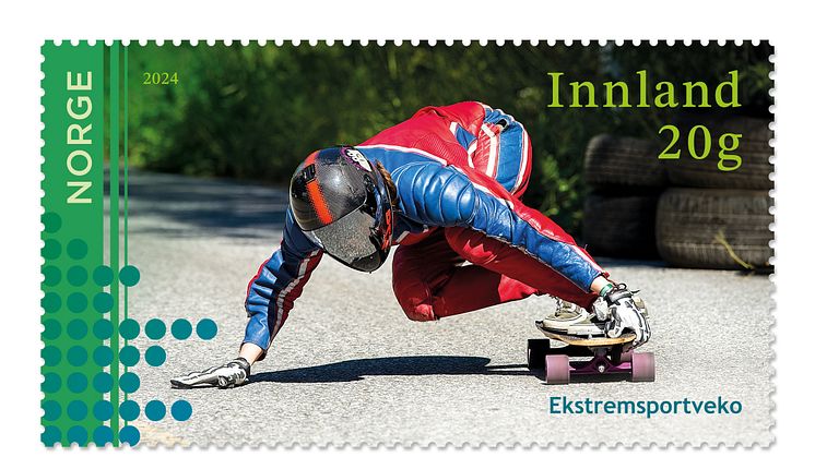 ACTIONFYLT: Ekstremsportveko er motiv på de nye frimerkene fra Posten. Foto: Posten Bring