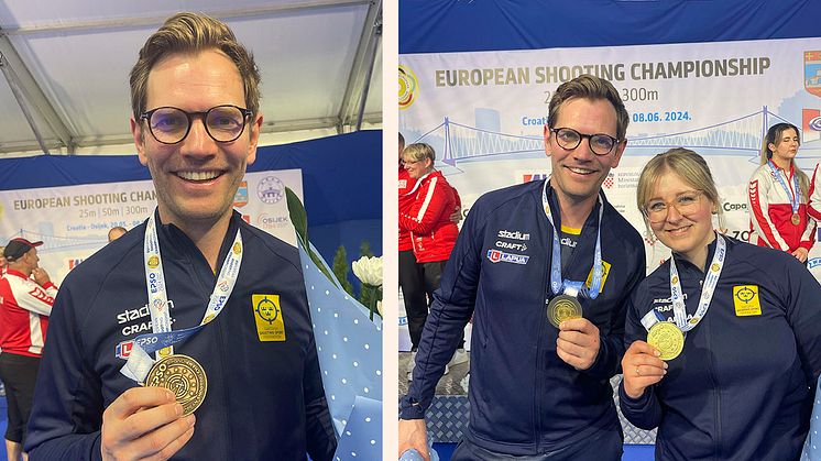 Svenskt medaljregn skytte-EM I Osijek. Först brons till Karl Olsson i standardgevär, sedan ordnade han och Elin Åhlin ett nytt mixedguld - denna gång i ställningar. 