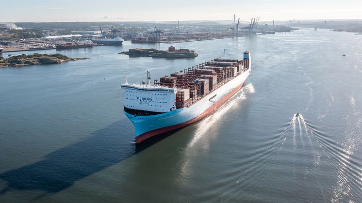 Antonia Maersk på väg från Göteborgs Hamn mot hamnar i Asien. Bild: Göteborgs Hamn.