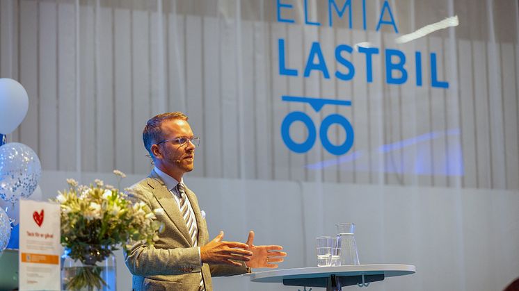 Infrastrukturminister Andreas Carlson (KD) invigningstalade på öppningen av Elmia Lastbil 2024.