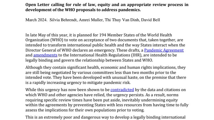 Open Letter calling for rule of law, equity and an appropriate review process in  development of the WHO proposals to address pandemics. 