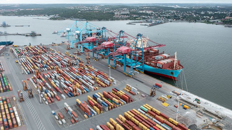 Fartyget Murcia Maersk i APM Terminals containerterminal i Göteborgs Hamn. Bild: Göteborgs Hamn AB.