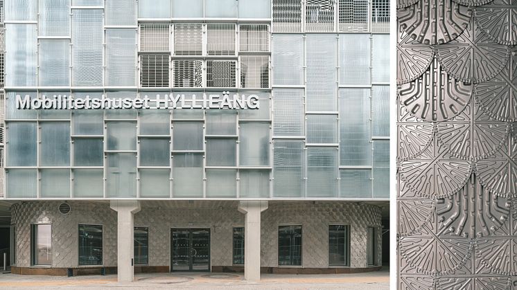 Hyllieäng med sin fasad av  spillmaterial och återbruk kan vinna Malmös stadsbyggnadspris . Foto: Markus Linderoth