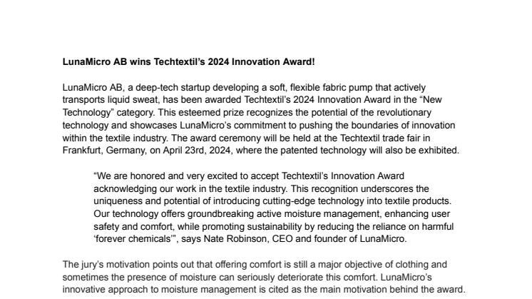 Press release - LunaMicro AB wins Techtextil's 2024 Innovation Award!.pdf