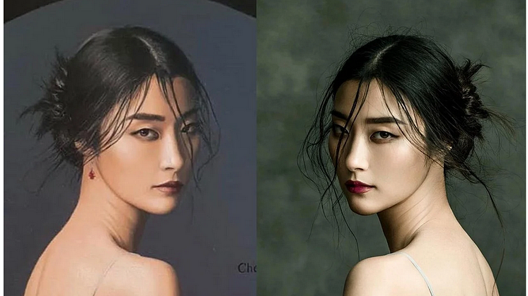 Jeff Dieschburg’s painting, left. Jingna Zhang’s photo, right