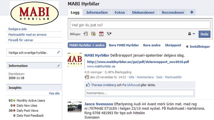 MABI hyrbilar på Facebook