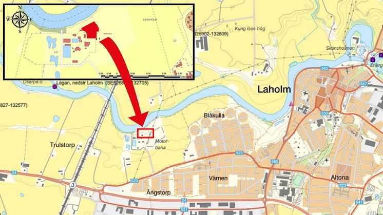 Karta över Laholm, med Ängstorp där tomten med rökövningsbyggnaden ligger.