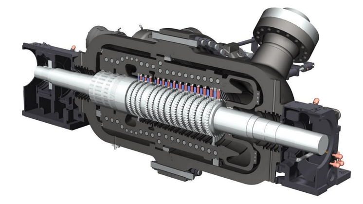 This diagram represents the innovative design of the turbine developed under the SCARABEUS project, which uses a carbon dioxide-based working fluid mixed with specific additives. 