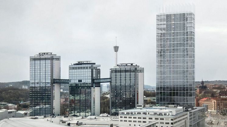 Granskning av detaljplanen för Svenska Mässan – nytt höghus, är ett av ärendena som kommer upp på stadsbyggnadsnämnden den 23 april. Visualisering Tham & Videgård.