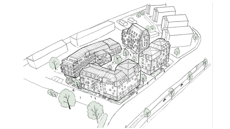 Bilden utgör en illustration på aktuellt projektförslag för kvarteret Bågen i Lindesberg.