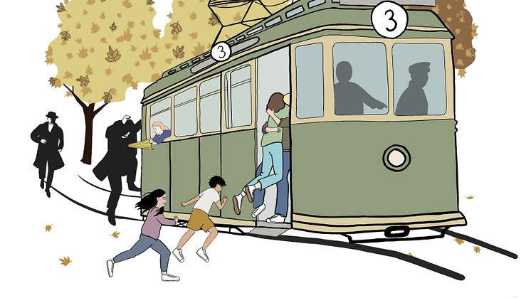 De fem hoppar på treans spårvagn i Malmö. Tidsresa ur "Nyckelbärarna och den gyllene cylindern". Illustration: Säde Virkamäki
