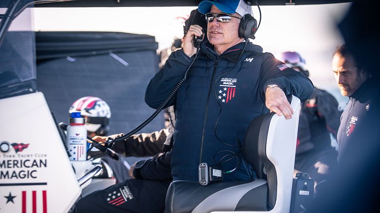 Terry Hutchinson, Skipper and President of Sailing Operations of American Magic, the U.S. Challenger for the 37th America’s Cup, aboard the chase boat supporting the crew of race yacht Patriot, including access to purified water.