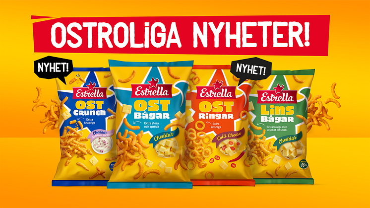 Estrella lanserar en ny serie ostsnacks vecka 33, 12 augusti 2024.