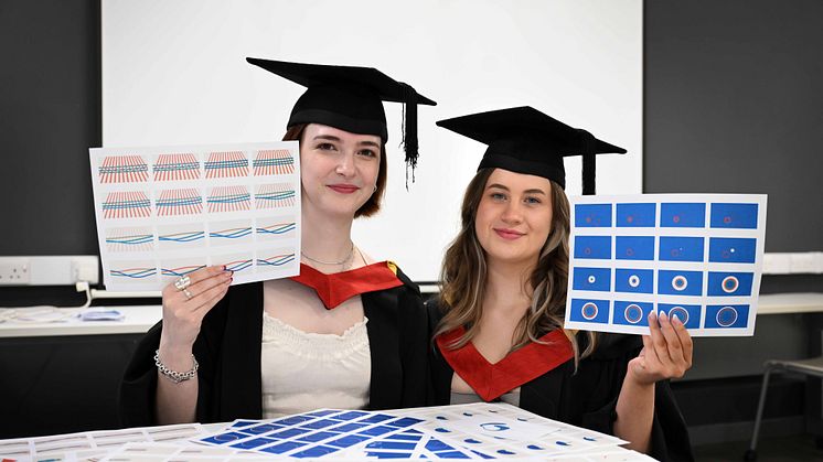 Abbie Smith and Frankie Harrison are pictured before their graduation ceremony earlier this week with some of the frames used in their animation 'It all starts on paper', which was commended at the RSA Student Design Awards.