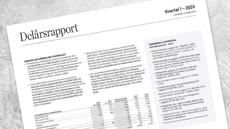 Akademiska Hus delårsrapport 1 januari – 31 mars 2024: Fortsatt stabilt resultat och stabila fastighetsvärden 