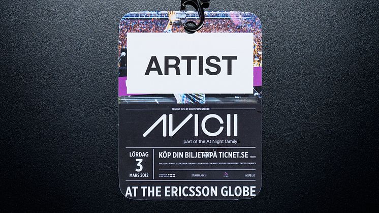 An Avicii Globen, Saturday March 3 2012, Accreditation pass.