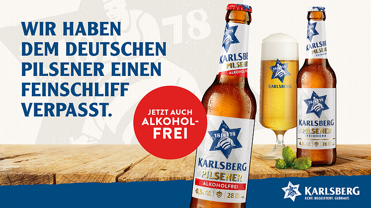 Das 2023 erfolgreich eingeführte Karlsberg Pilsener wurde nun um eine alkoholfreie Alternative ergänzt. Foto: Karlsberg.