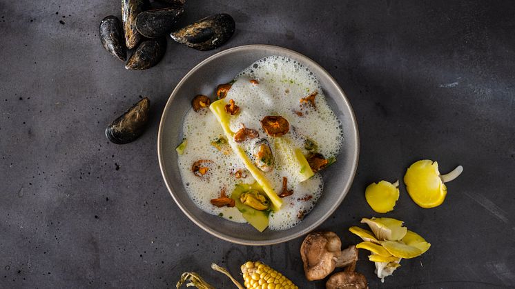 Öppen lasagne med blåmusslor, majs och kantareller. Foto: Årets Kock