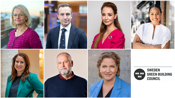 Överst från vänster: Heléne Fritzon (S), Tomas Tobé (M), Alice Teodorescu Måwe (KD), Alice Bah Kuhnke (MP), Emma Weisner (C), Jonas Sjöstedt (V), Karin Karlsbro (L). Bild: SGBC