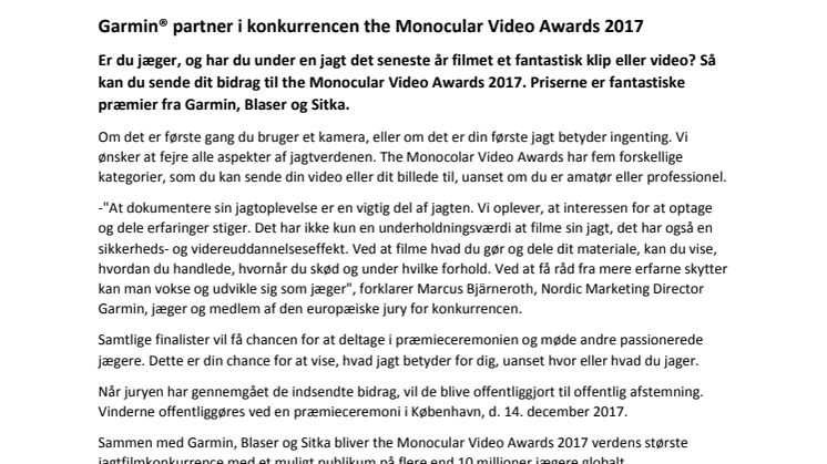 Garmin® partner i konkurrencen the Monocular Video Awards 2017