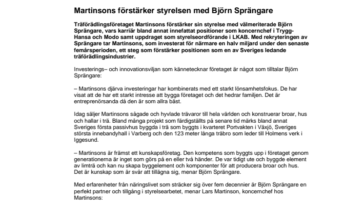 Martinsons förstärker styrelsen med Björn Sprängare