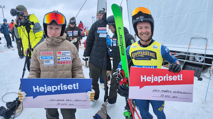 Skicross-åkarna Uma Kruse Een och Erik Mobärg ger Hejapris-pengar till Sälens IF och Edsåsdalens Slalomklubb  