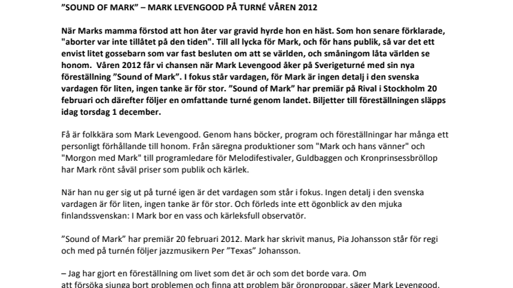 ”SOUND OF MARK” – MARK LEVENGOOD PÅ TURNÉ VÅREN 2012