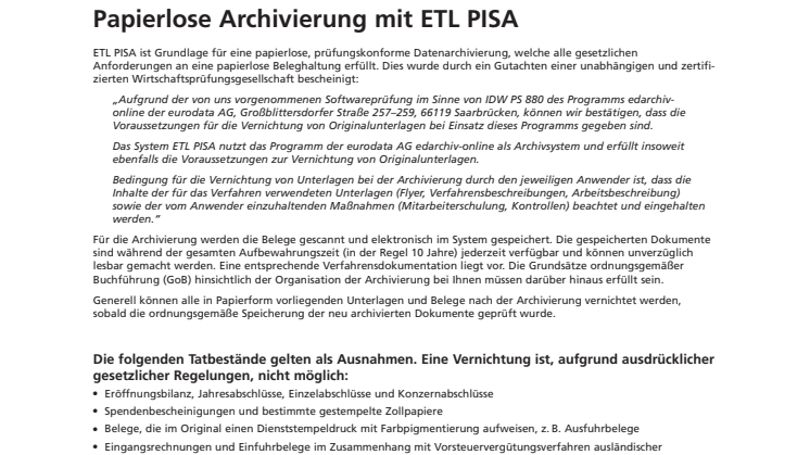 Papierlose Archivierung mit ETL PISA