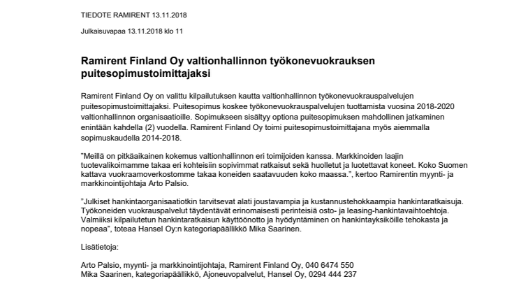 Ramirent Finland Oy valtionhallinnon työkonevuokrauksen puitesopimustoimittajaksi