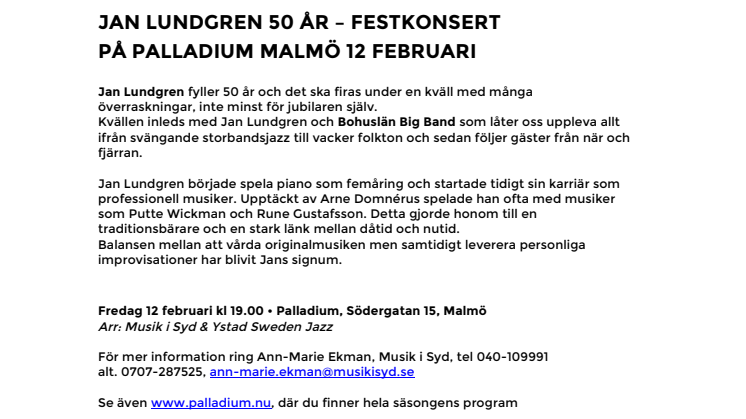 Jan Lundgren 50 år – Festkonsert på Palladium Malmö 12 februari 