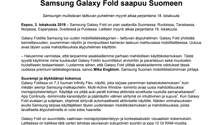 Samsung Galaxy Fold saapuu Suomeen