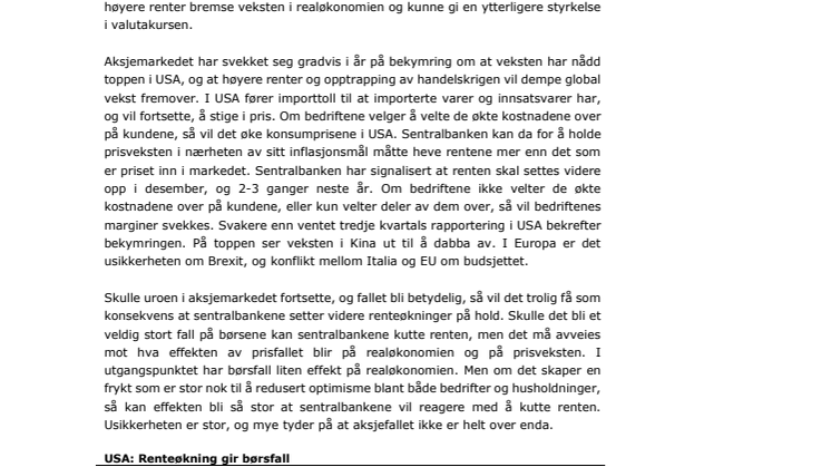 Makrorapport oktober 2018: Stigende renter og handelskrig gir børsfall