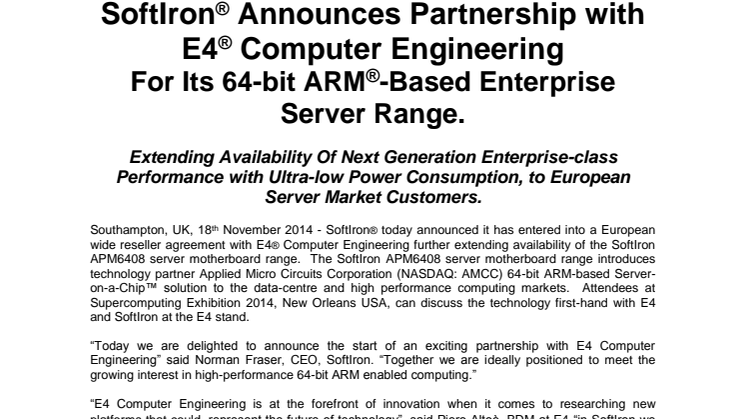 SoftIron® Announces Partnership with E4® Computer Engineering  For Its 64-bit ARM®-Based Enterprise Server Range.
