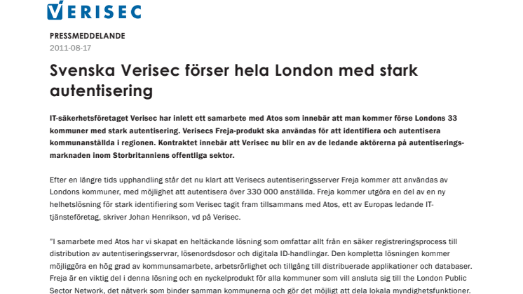 Svenska Verisec förser hela London med stark autentisering 