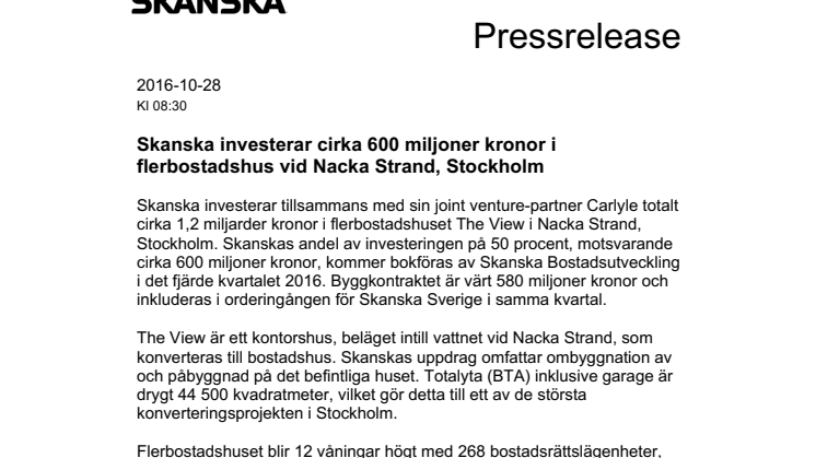 Skanska investerar cirka 600 miljoner kronor i flerbostadshus vid Nacka Strand, Stockholm