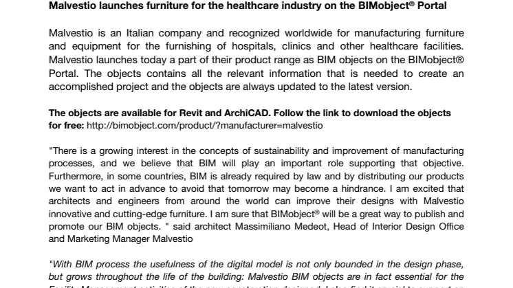 Malvestio launches furniture for the healthcare industry on the BIMobject® Portal 