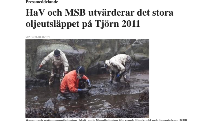 HaV och MSB utvärderar det stora oljeutsläppet på Tjörn 2011