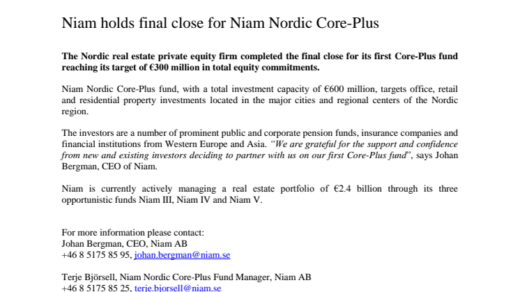 Niam holds final close for Niam Nordic Core-Plus