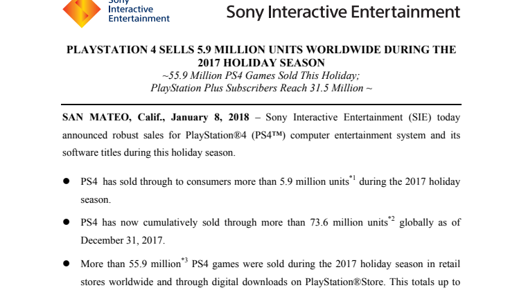5,9 miljoner PlayStation®4 såldes världen över under julhandeln 