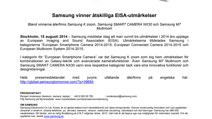 Samsung vinner åtskilliga EISA-utmärkelser 