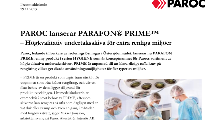 PAROC lanserar PARAFON® PRIME™ – Högkvalitativ undertaksskiva för extra renliga miljöer