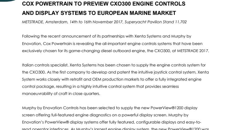Cox Powertrain - METSTRADE: Cox Powertrain to Preview CXO300 Engine Controls and Display Systems to European Market