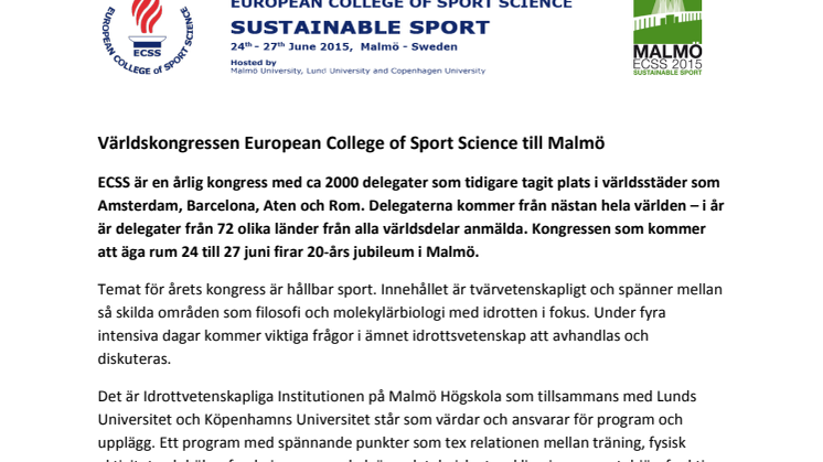 Världskongressen European College of Sport Science till Malmö