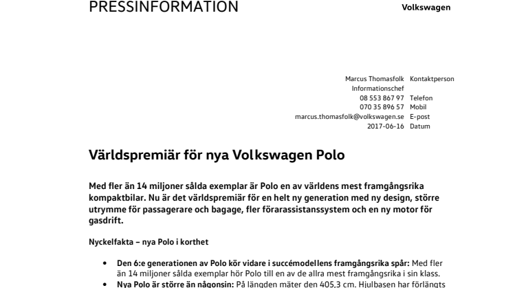 Världspremiär för nya Volkswagen Polo